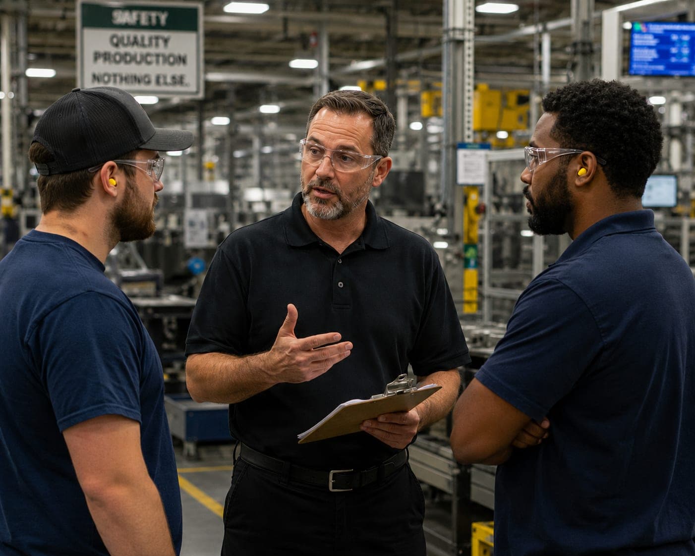 Supervisor discussing work order with team on the plant floor